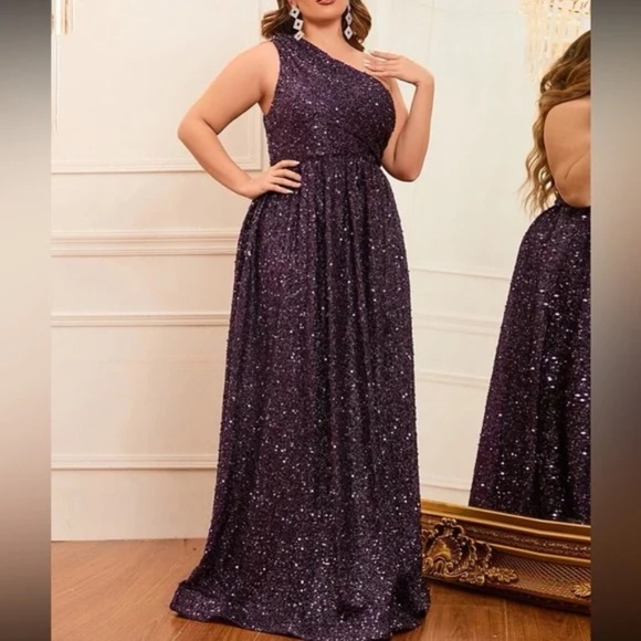 Plus Sequin One Shoulder A-line party Formal Party Wedding Dress - Picture 6 of 16